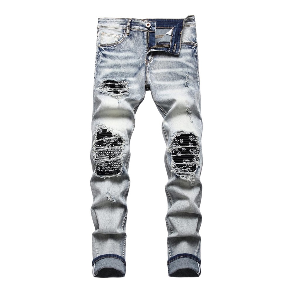 OIIIO Men's 32 Bandana Patch Ripped Stretch Jean Distressed Vintage Blue